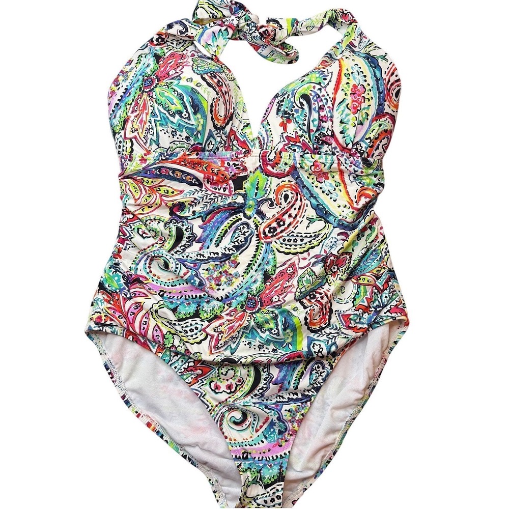 Lauren Ralph Lauren One Piece Women 10 Multicolor Paisley Halter Ruched Swimsuit